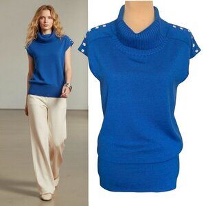 IISLI 100% Wool Turtleneck Sleeveless Knit Top SZ S Blue Rhinestones Longline